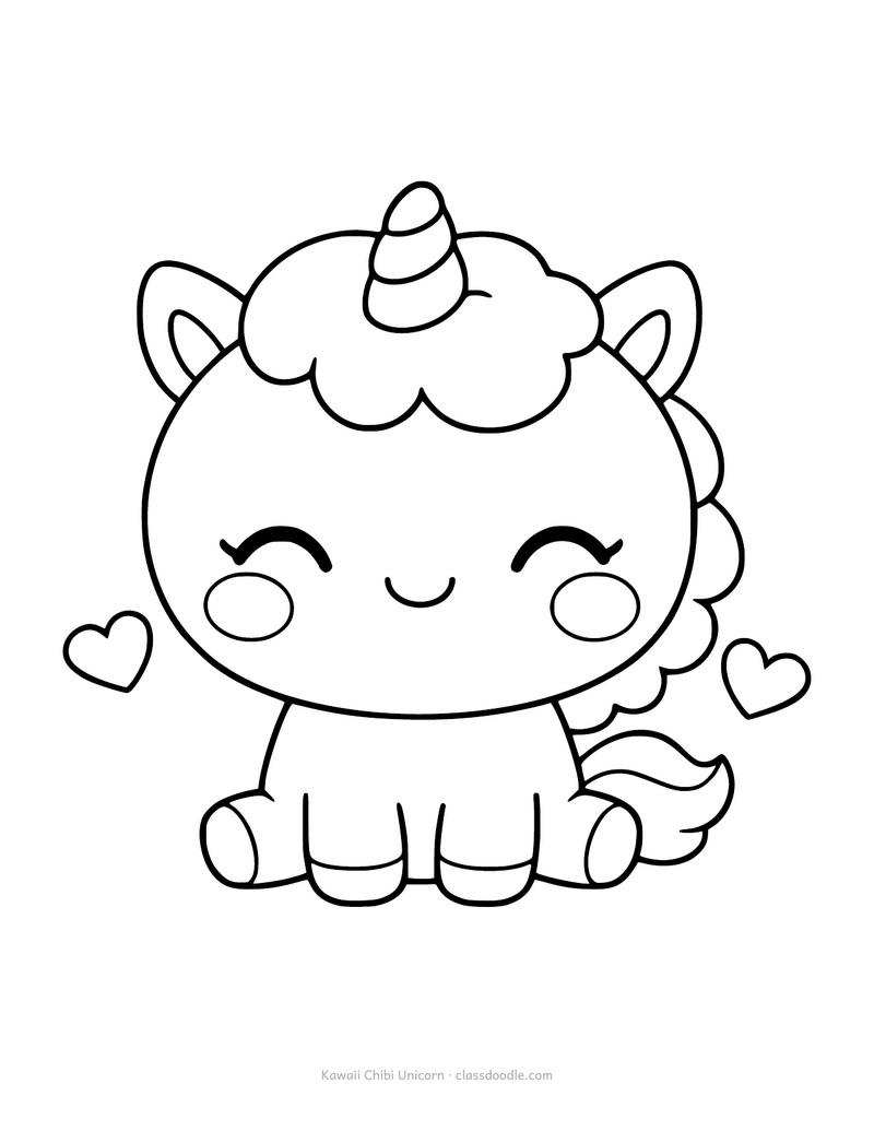 Kawaii unicorn coloring page with a chibi unicorn and blushing cheeks