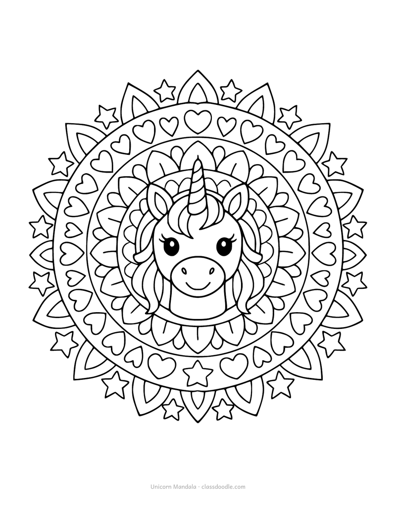 Unicorn mandala coloring page with rings of petals and stars