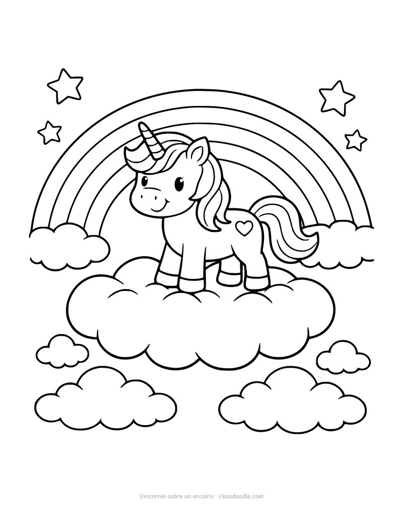 Unicornio y arcoíris para colorear con el unicornio sobre una nube