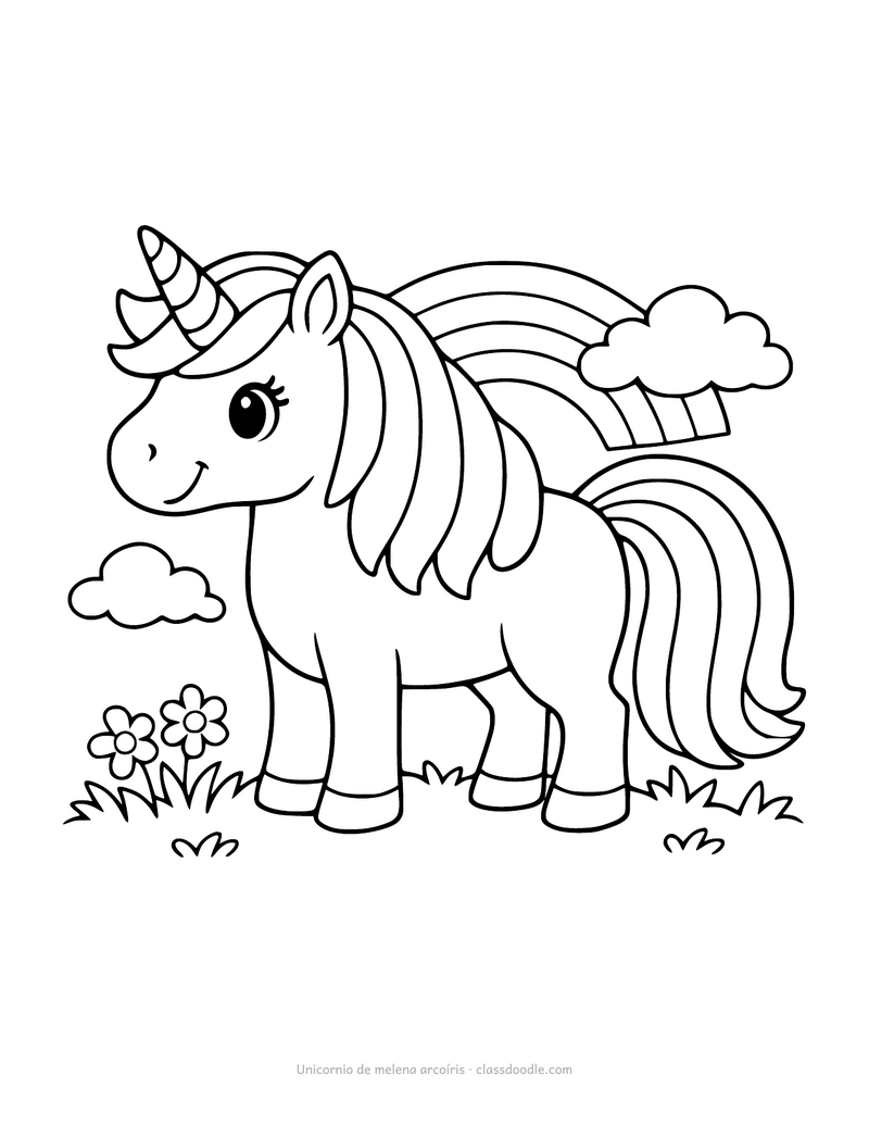 Unicornio arcoíris para colorear con la melena de seis bandas anchas