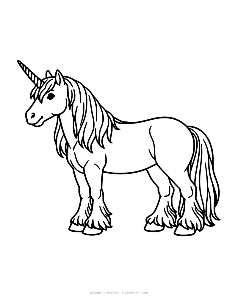 Unicornio realista para colorear con anatomía de caballo y cuerno en espiral