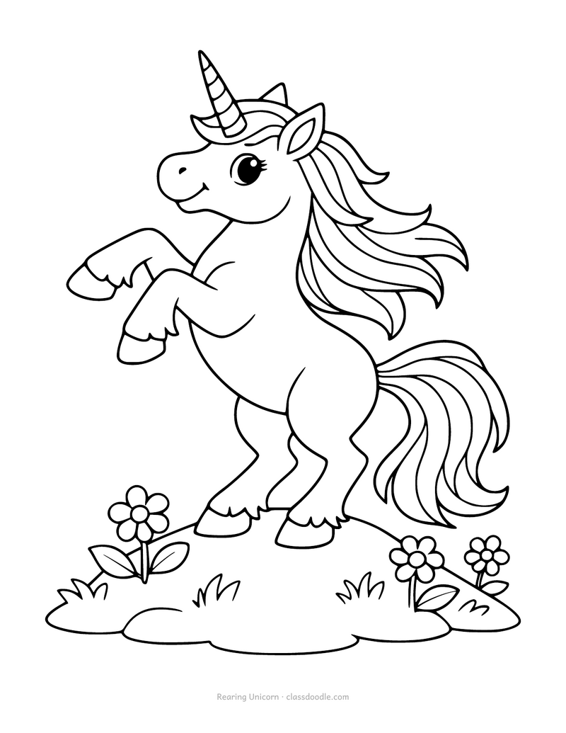 Unicorn coloring page of a unicorn rearing up on its hind legs