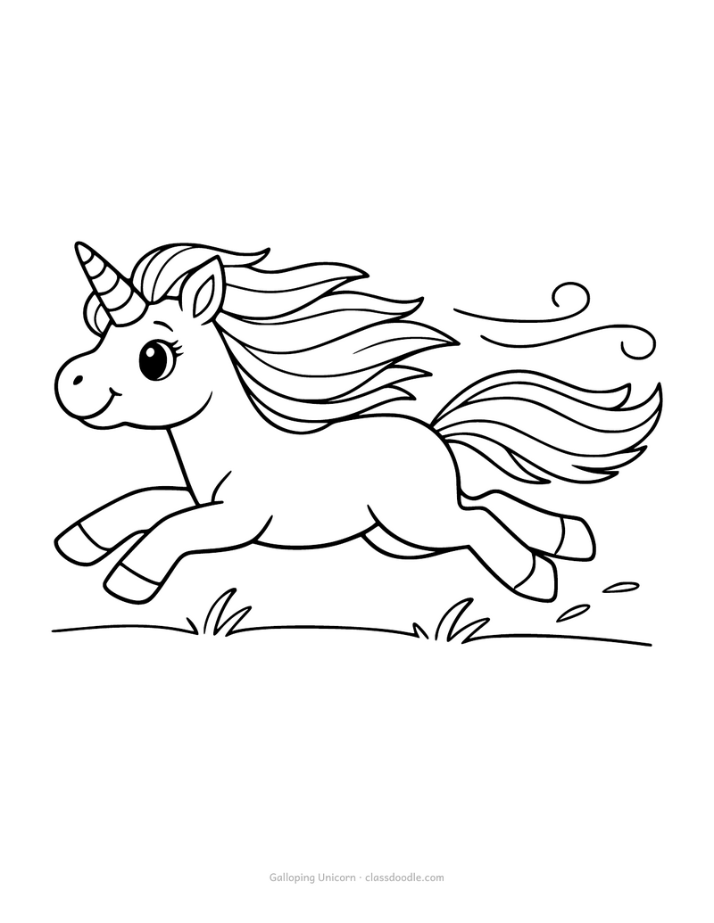 Unicorn coloring page with a unicorn galloping at full speed