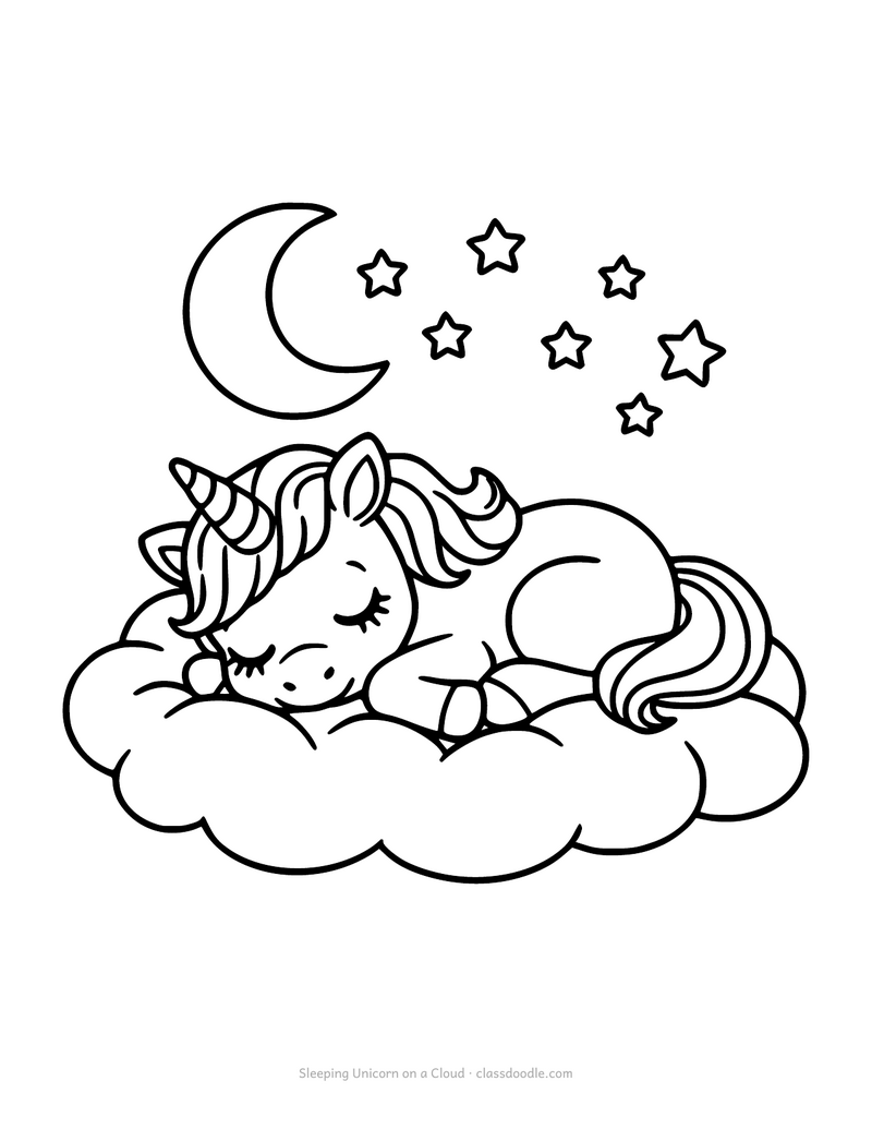 Unicorn coloring page with a unicorn asleep on a cloud under a moon
