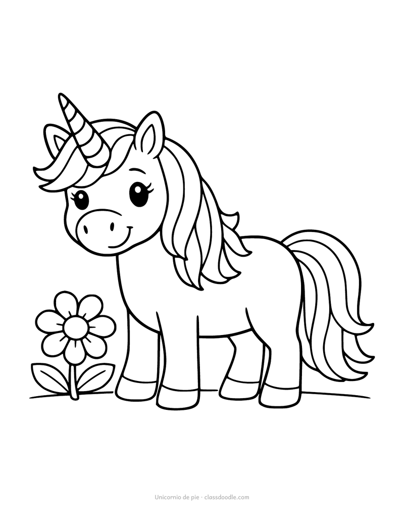 Unicornio para colorear de pie y de perfil junto a una flor