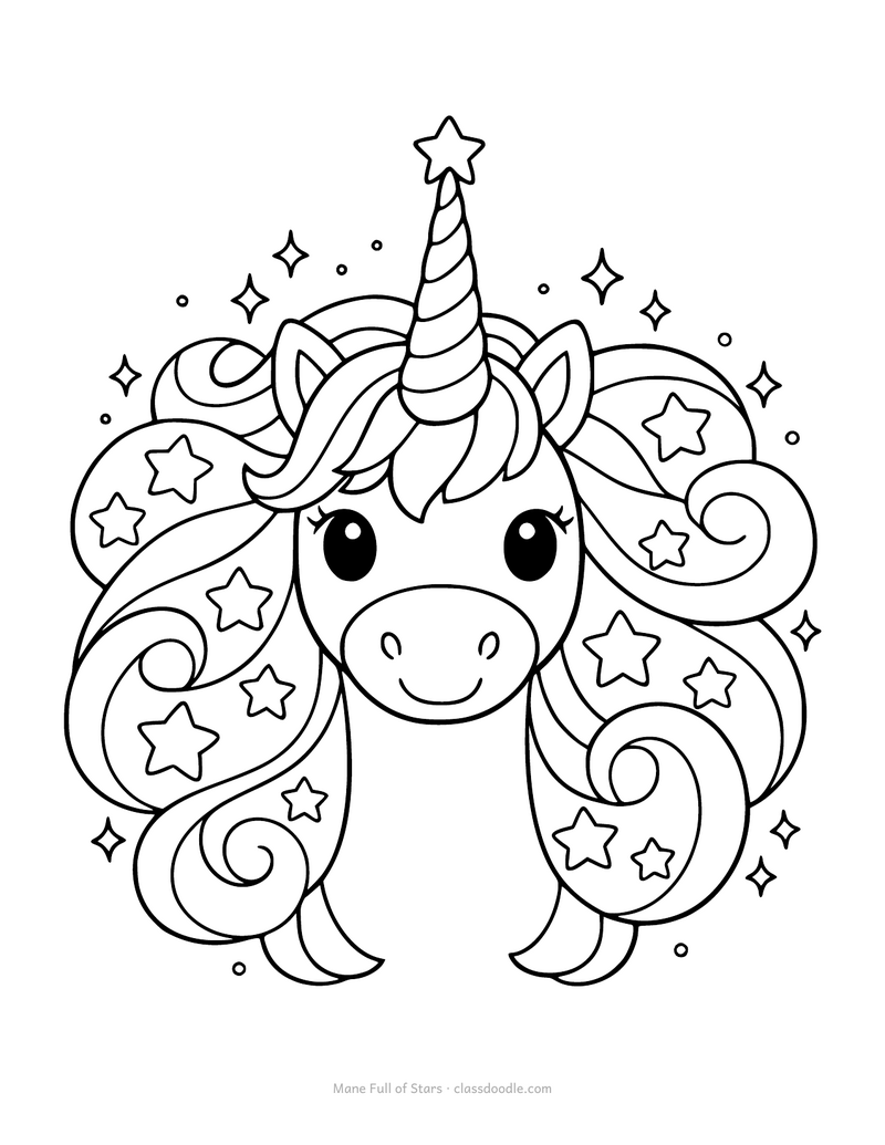 Unicorn coloring page with a swirling mane full of stars