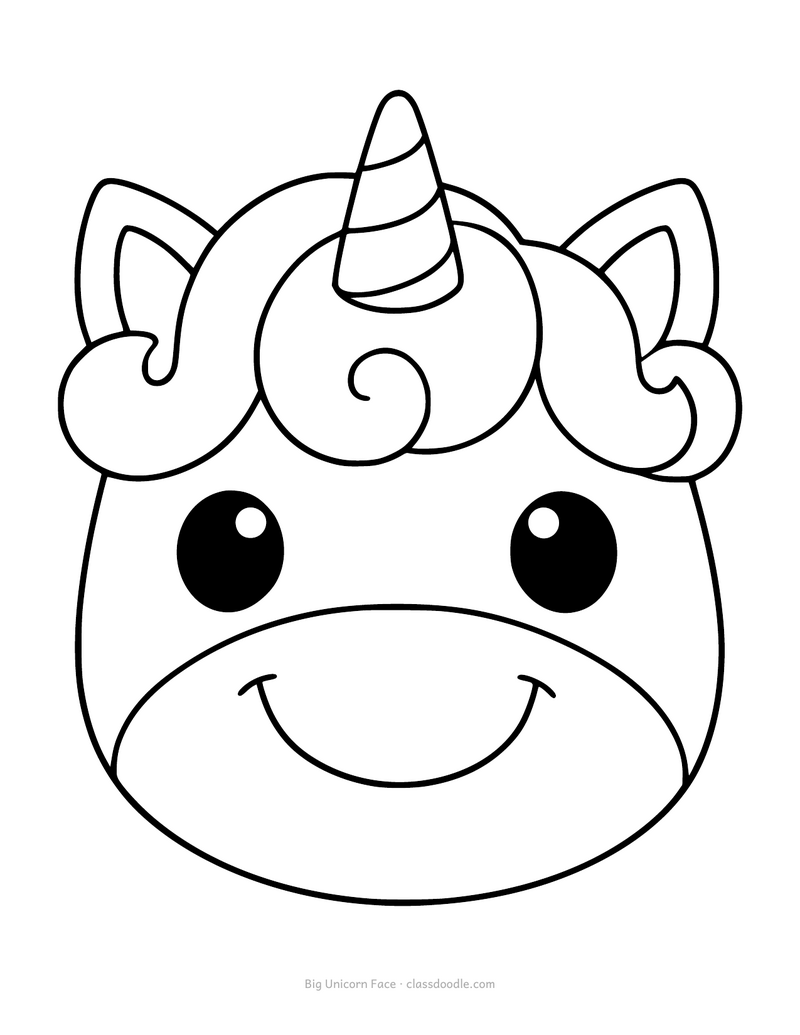 Unicorn face coloring page with one giant smiling unicorn head
