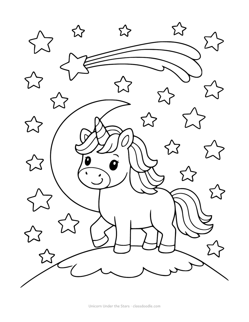 Unicorn coloring page under a night sky of stars and a crescent moon