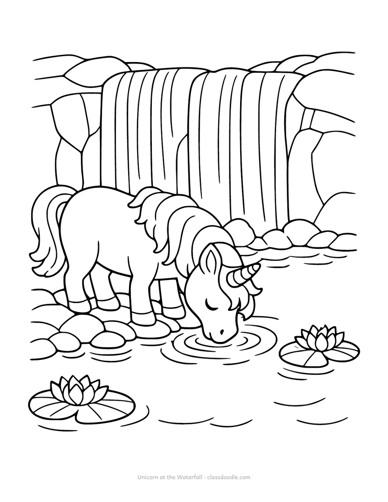 Unicorn coloring page at a waterfall drinking from a rock pool