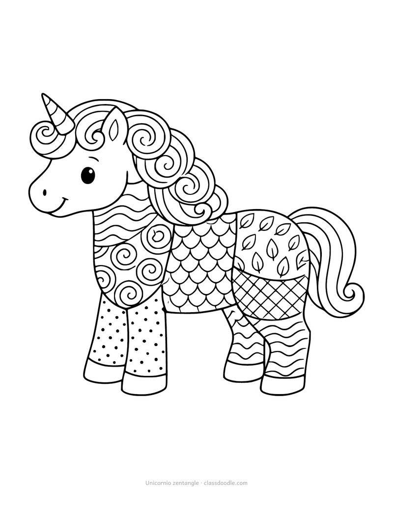 Unicornio zentangle para colorear con paneles de patrones en el cuerpo